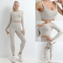 Yoga Suit Sportswear Fitness Suit feminino de mangas compridas o umbigo aberto superior de cintura alta perneiras Treinamento de treinamento Sportswear