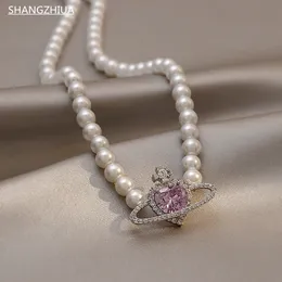 Beaded Necklaces SHANGZHIHUA Korean Fashion Purple Heart Crystal Stud Necklace For Women Elegant Planet Pendant Jewelry Gifts 230325