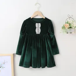 Flickaklänningar 2023 Spring Autumn Girls Long Sleeve Lace Princess Green Dress Toddler Kids Fashion For Party Children Casual Soft