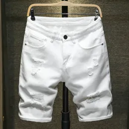 Herr shorts vita jeans shorts män rippade hål frayed knä längd klassisk enkel mode casual smal denim shorts manlig hög kvalitet 230327