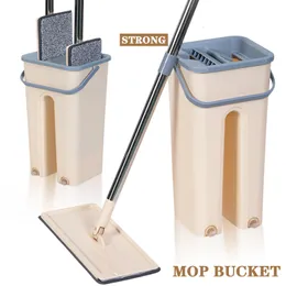 MOPS Flate Floor Mop Set Floor Cleaning Free Squeeze Mop Floor Bucket مقبض مقبض مقبض مقبض من الألياف الدقيقة قابلة لإعادة الاستخدام 230327