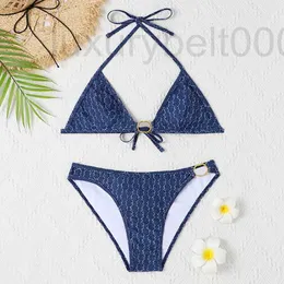 Kvinnors badkläder designer brev jacquard textil triangel designers dam simma bh kvinnor bikini set med metall kedja snabb torr strand slitage hzra