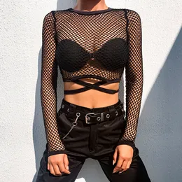 Kvinnor tshirt sexig mesh goth långärmad t shirt kvinnor ihåliga seethrough fishnet toppar sommar casual skjorta streetwear kläder 230327