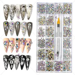 Nail Art Decorations 2500pcs Luxury Shiny Diamond Nail Art Rhinestones Box Mixed AB Glass Nail Crystal Gem 21 Grids1pcs Pick Up Pen Kit Nail Decor 230325