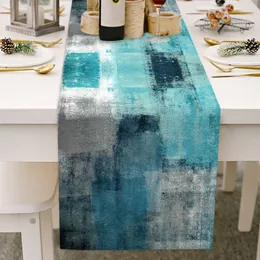 Blue Oil Painting Table Runner Modern Simple Abstract Table Decoration Linen Table Cloth Festival Holiday Party Dining Home Decoration