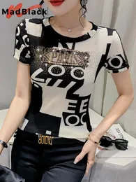 Womens TShirt MadBlack Summer TShirt Chic Sexy ONeck Print Letter Patchwork Shiny Diamonds Women Tops Short Sleeve Hand Make Tees T25004L 230327