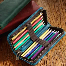 Pencil Bags Leather Pen Case Zipper Retro Pen Pouch For Boys Girls School Students Cowhide Men Pencil Bag with Several Pen Slots Wholesale 230327