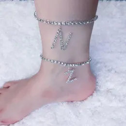 Anklets Fashion A-Z Custom Rhinestone Tennis Chain Letter 펜던트 Anklet 남자와 여자 힙합 보석 비치 Barefoot Sandal