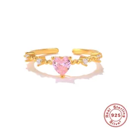 Band Rings MC Pink Zircon Opening Rings for Women Girls Authentic 925 Sterling Silver Finger Ring Sweet Lovly Exquisite Thin Heart Anillos G230327