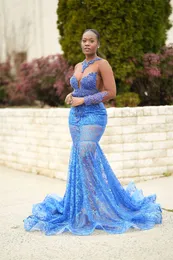 Glitter Sequin Blue Prom Dress Plus Size Mermaid Black Girl Birthday Formal Party Dresses 2023 Beaded Long Sleeve Aso Ebi Evening Gown Special Occasion Women Wear