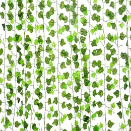 装飾的な花12 strands 2m Ivy Green Fake Leaves Garland Plant Vine Folage Home Decor Plastic Rattan String Wall人工植物