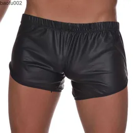 Men's Shorts Faux Leather Men Shorts Black Sexy Tight Trousers with Back Pocket Casual Male Fashion Clothes Fitness Gyms Sport Thin Pants W0327