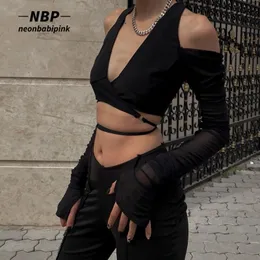 Kvinnor Tshirt Neonbabipink Sexig Black Crop Tops Streetwear Women Fashion Lace Up Bandage V Neck But Out Long Sleeve T Shirts N33BZ15 230327