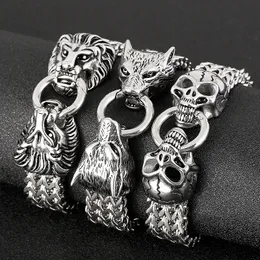 18MM Gothic Viking Wolf Skull Lion Head Link Bracelet Men's Vintage Gold Silver Black Stainless Steel Bike Curb Double Mesh Chain Bangle Wrist Jewelry