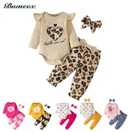 Pajamas bumeex 024m生まれベイビーワンシーセットハートシャイズの長い鉛のヒョウ柄パンツボウヘッドバンド3ピース230327