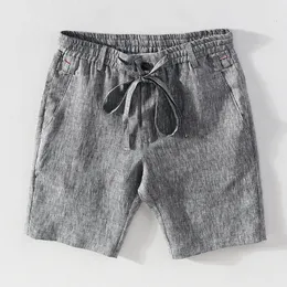 Mäns shorts 100% linne sommarshorts för män avslappnad solid grå modebrädor manliga klassiska dragskonterkläder kläder 230327