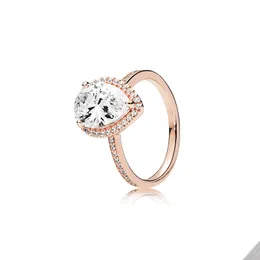 Roségold funkelnder tropfenförmiger Halo-Ring für Pandora, 925er Sterlingsilber, Hochzeit, Designer-Schmuck für Frauen, Freundin, Geschenk, Liebesringe mit Original-Einzelhandelsbox-Set