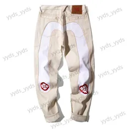 Męskie dżinsy spodnie duże białe splicowane wiśniowe haft haftowy moda pary spodnie luźne proste lampę Student Spodnie Casual Pants morepot T230327