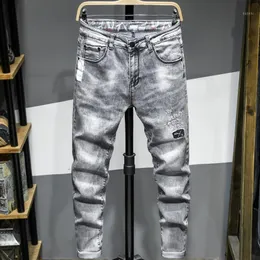 Herr jeans hämtade män mode grå smal fit avsmalnande denim broek brev brädet konstruktion tryck trend ungdom hip-hop