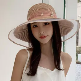Breda brim hattar sommarlock mode ädla andas imitation pärla lapptäcke hatt kvinna haedwear strand kvinnor hatbrom