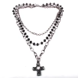 Strands Strings Fashion Bohemian Tribal Jewelry 3 Layer Multiple Black Glass Crystal Rosary Link Chain Cross Pendant Necklaces 230325