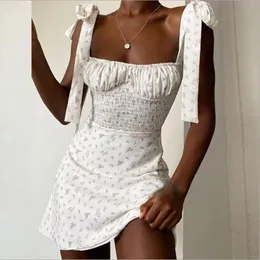 Casual Dresses Women Sleeveless Tie Shoulder Sexy Floral Mini Dress Summer Robe Femme Arrival Ruched Sweet Print Sundress Vestidos Mujer Ver