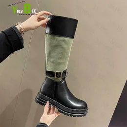 Stiefel Plattform Heels Chelsea Kniehohe Frauen Stiefel Schnalle Pu Leder Motorrad Frauen Schuhe Winter 2022 Neue Warme Nicht Slip lange Botas 1202