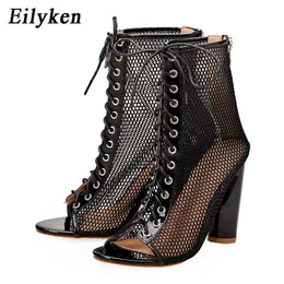 top Fashion Transparent Square heels Women Boots Sandals Lace Up Peep Toe High Heel Ankle Strap Net Surface Hollow Out shoe 230306