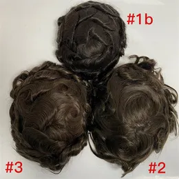 European Virgin Human Hair Replacement 32mm Wave #1b #2#3 Medium Brown BIO Toupee Front Lace Unit for Men
