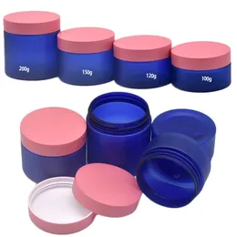 Cosmético vazio embalado garrafa de plástico Pet Frost Blue Skincare Cream Facial Jar capa rosa Tampa de embalagem portátil Pots de embalagem Recipiente 100g 120g 150g 200g 250g