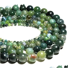 Stone 8Mm Wholesale Moss Grass Agat Natural Round Loose Green Beads For Jewelry Making 4/6/8/10/12 Mm Diy Bracelet Strand 15.5 Dhdpo