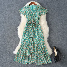 2023 Summer Green Floral Print Belted Sukienka Szyfonowa Chifon V-Neck Ruffled krótkie sukienki Midi Midi M3M25B749