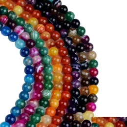 Stone 8mm Purple Blue Green Red Strip Banded Agates Beads Round Spacer Loos