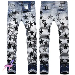 Pantaloni da uomo Autunno Inverno Jeans ricamati a stella a cinque punte neri Pantaloni casual elasticizzati sottili 230328