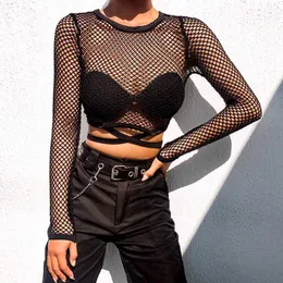 Damen T-Shirt Schwarz Sexy Dessous Kommt Mesh Goth Langarm T-Shirt Hohl Durchsichtige Fishnet Tops Sommer Streetwear Damenbekleidung P230328