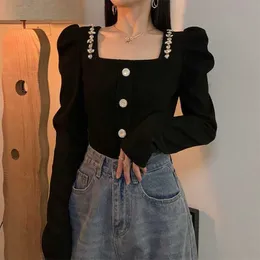 Women's Blouses Shirts Shirts for Women Palace Style Puff Sleeve Waist Style Retro Square Long Sleeve Shirt Women Black Top Rhinestone T Shirt Blouse Y2303