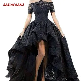 Party Dresses Black Lace Wedding Dress Strapless HiLow Floor Length Off The Shoulder Short Sleeves Bridal Gown Custom Vestido De Novia 230328