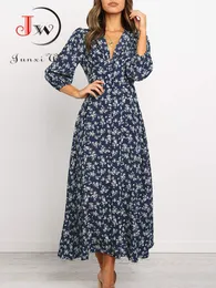 Casual Dresses Women Summer Elegant Floral Print Maxi Dress Boho Three Quarter Sleeve V Neck Casual Office Long Dress Beach Robe Tunic 230327