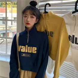 Damtröja Hoodie Wanita Berdiri Ritsleting Huruf Dicetak Dipotong Kaus Streetwear Gaya Korea AKTIF Musim Gugur Gadis Muda Kasual Baru Seharihari 230328