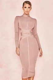 Повседневные платья Gaun Bodycon Rayon Kualitas Tinggi Turtleneck Perban Renda Lengan Panjang Bergaris selutut seksi vestidos dobanmbd 230328