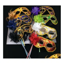 Party Masks Venetian Half Face Flower Mask Masquerade On Stick Sexy Halloween Christmas Dance Wedding Supplies Dhx2C