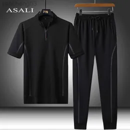 Treno masculino Terno masculino Terceso coreano Terno de traje 2023 Verão Ice Seda de seda casual masculino de mangas curtas Grande tamanho solto de duas peças esportes finos W0329