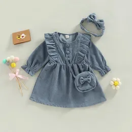 Girl Dresses Infant Baby Corduroy Dress Spring Toddler Long Sleeve Ruffled Bow Hairband Bag Born A-Line Lovely Bapteme Clothes