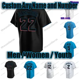 Maglie da baseball personalizzate da uomo 2 Jazz Chisholm Jr 22 Sandy Alcantara 11 Miguel Rojas 12 Jorge Soler 5 Jon Berti Maglia da donna da donna Taglia S-5XL