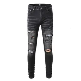 Herrbyxor svart nödställda smala fit streetwear stil färgglada bandanna lapptäcke mager stretch hål high street rippade jeans 230328