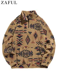 Mens hoodies tröjor untuk pria bulu domba palsu sherpa kaus ritsleting tryck etnis berbulu streetwear pullover musim gugur duingin turtleneck 230328