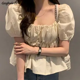 Women's Blouses Shirts Korean Style Shirts Women Fashion Folds Puff Sleeve Square Collar Office Elegant Solid All-match Baggy Tender Young Casual Chic Y2303