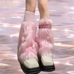 Frauen Socken Harajuku Rosa Pelzigen Bein Wärmer Y2k Punk Nette Stern Niet Schnalle Chic Socke Mädchen Winter Warme Stiefel Abdeckung streetwear