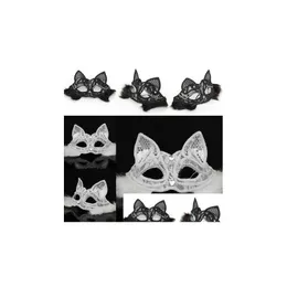 Maschere per feste Maschera di Halloween Pizzo Animale Nero Colore bianco Mezza faccia Accessori per gatti sexy Consegna a goccia Dhokj