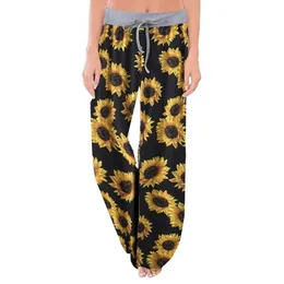 Calça feminina capris feminino leopardo perna larga perna larga girassol de girassol de girassol em cintura média moda casual feminina